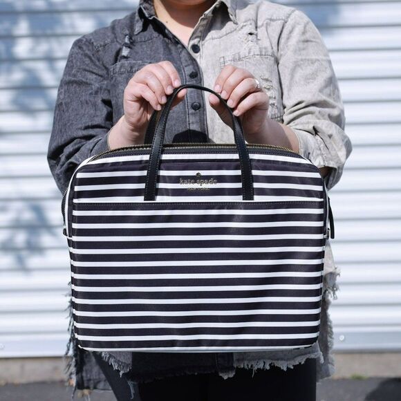 NEW Kate Spade Stripe Computer Laptop Commuter Bag Black White - Picture 3 of 13